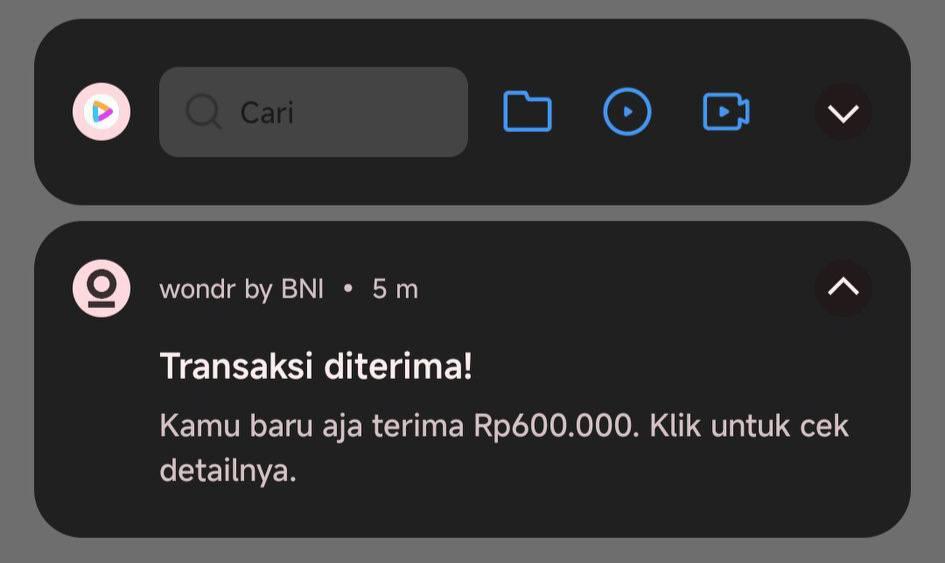 Tangkapan layar notifikasi transfer masuk 600 ribu untuk PKH dan BPNT