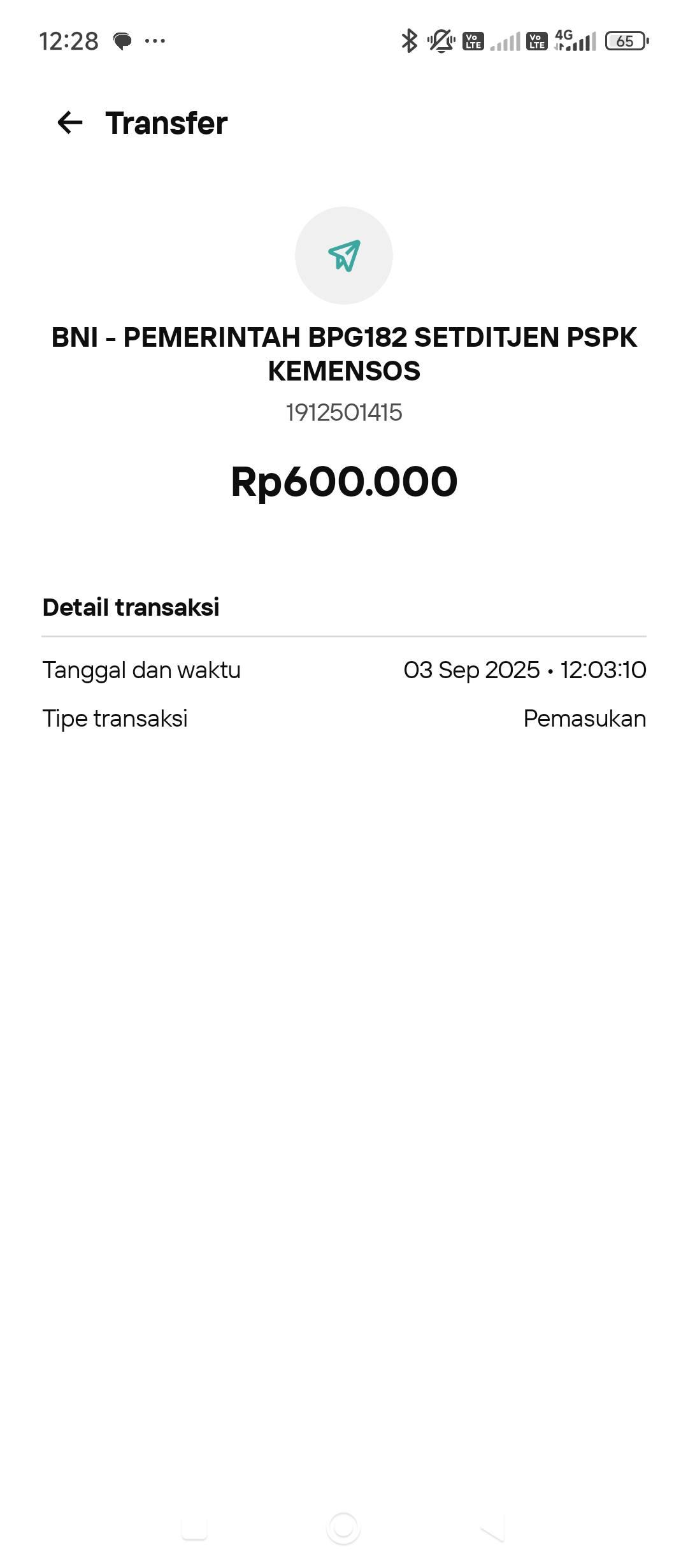 Tangkapan layar data riwayat transaksi penyaluran bansos PKH dan BPNT