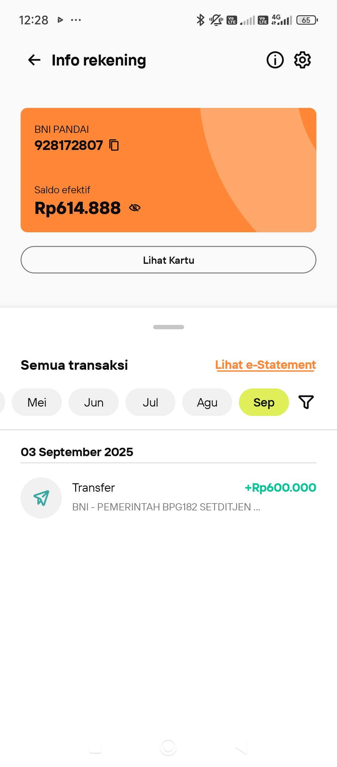 Tangkapan layar riwayat transaksi PKH dan BPNT di rekening BNI KPM