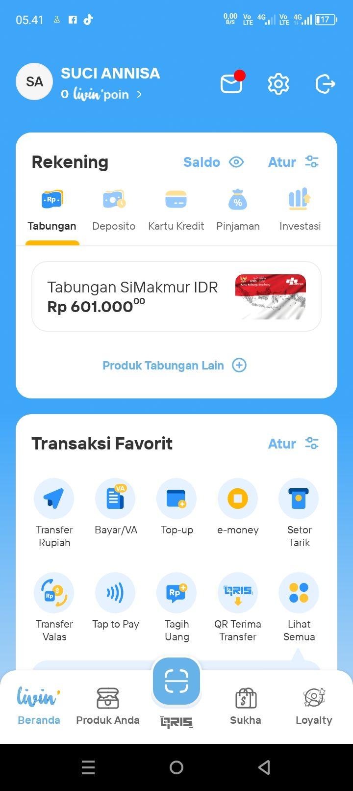 Tangkapan layar aplikasi Livin yang ada transaksi bansos PKH dan BPNT