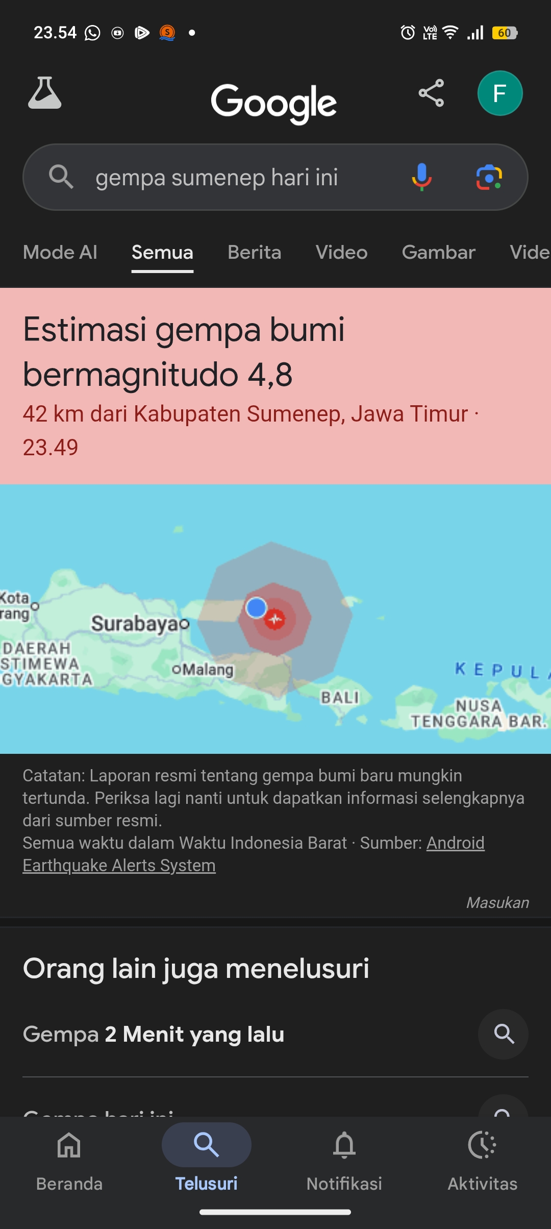 Tangkapan layar informasi resmi BMKG tentang gempa di sumenep