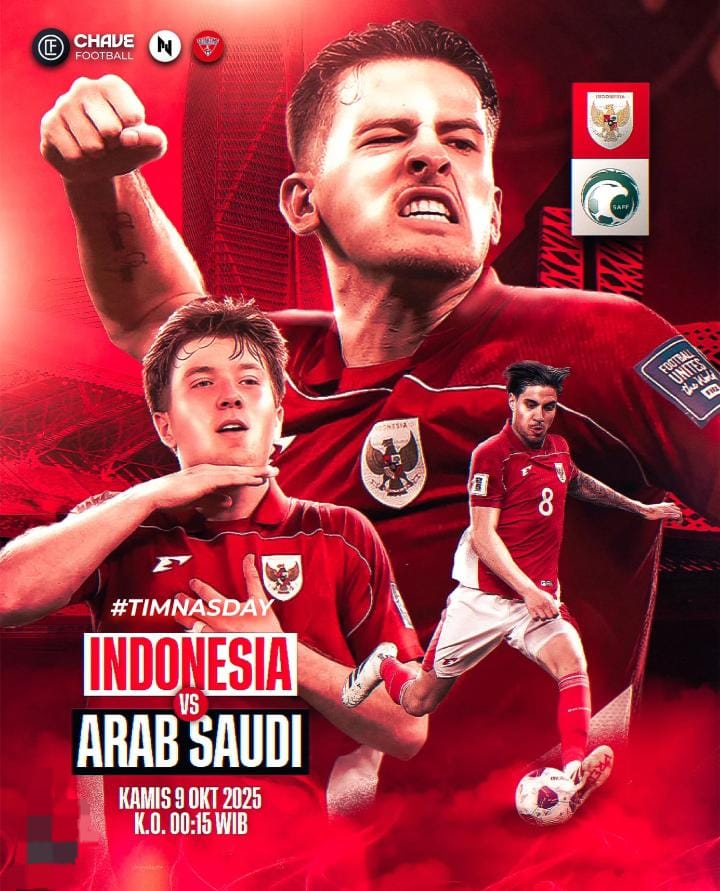 Poster Timnas Indonesia vs Arab Saudi dalam lanjutan Kualifikasi Piala Dunia 2026 Zona Asia.
