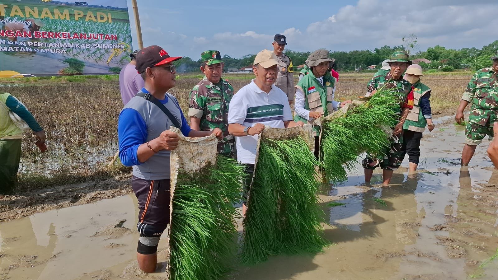 KOMPAK: Kepala DKPP Sumenep Chainur Rasyid (baju putih) saat melakukan gerakan tanam padi dengan metode SRI di Desa Beraji, Kecamatan Gapura, Sabtu (39/11).