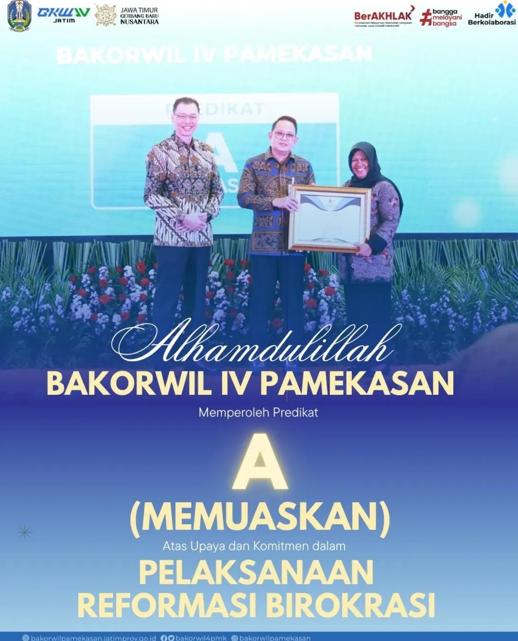 PRESTASI: Kepala Bakorwil IV Pamekasan Dra Sufi Agustini, M.Si. menerima penghargaan Predikat A atas Evaluasi Pelaksanaan Reformasi Birokrasi Perangkat Daerah dari Pemprov Jatim, Rabu (21/5).