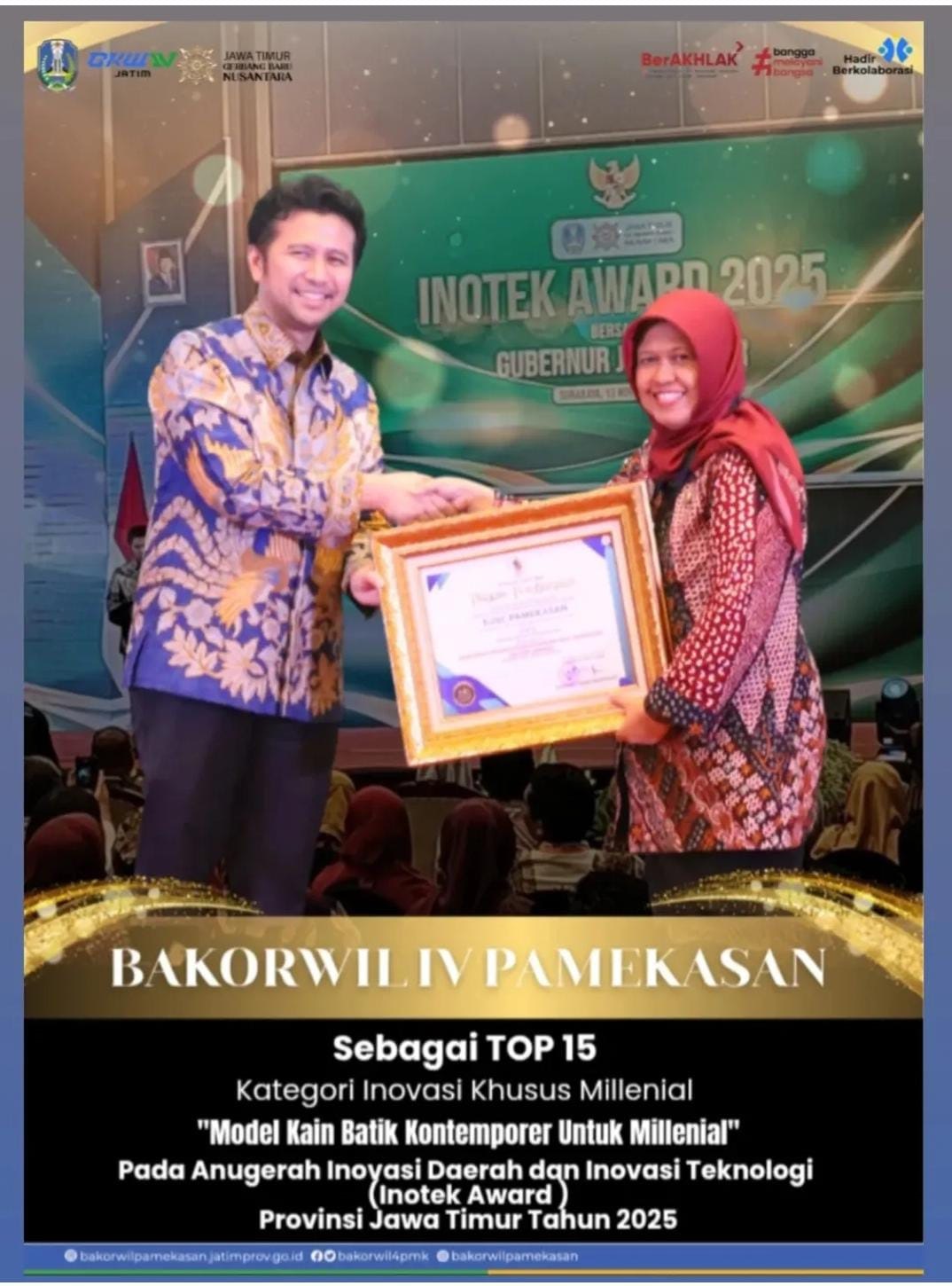 KOMITMEN: Kepala Bakorwil IV Pamekasan Dra Sufi Agustini, M.Si. menerima penghargaan Top 15 Kategori Khusus Milenial pada Anugerah Inotek Award Jatim 2025, Kamis (13/11)