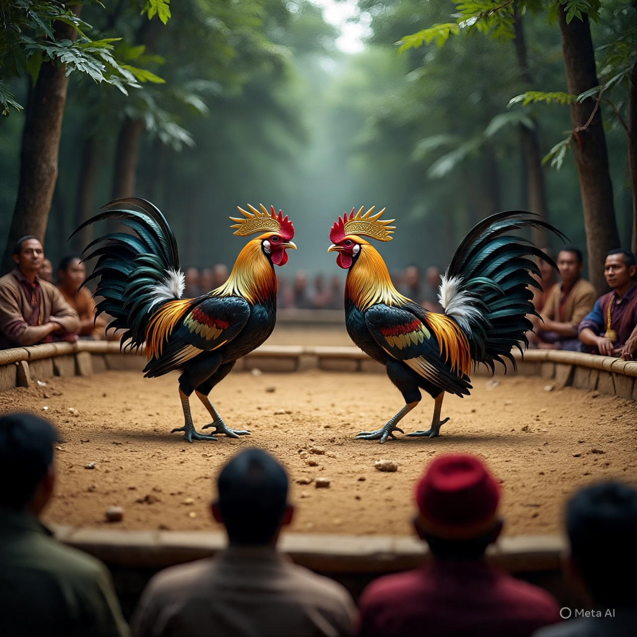 Ilustrasi judi sabung ayam. (Dibantu Meta AI)
