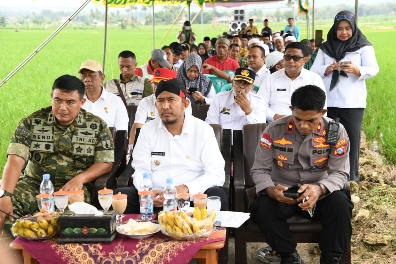 KOMITMEN: Dari kiri, Dandim Sumenep , Bupati Achmad Fauzi Wongsojudo, Wakapolres  saat menghadiri acara panen raya dan pengumuman swasembada pangan di Desa Pore, Kecamatan Lenteng, Rabu (7/01).