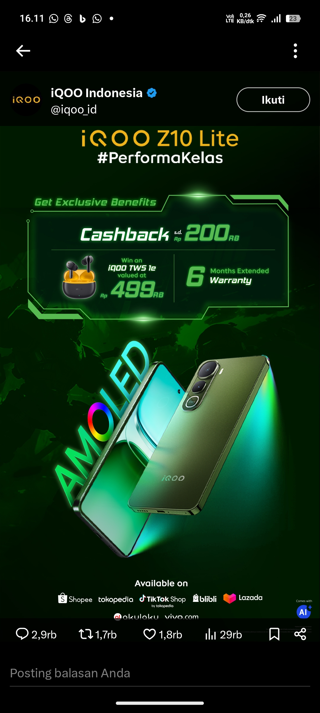 iQOO Z10, salah satu hp gaming yang direkomendasikan