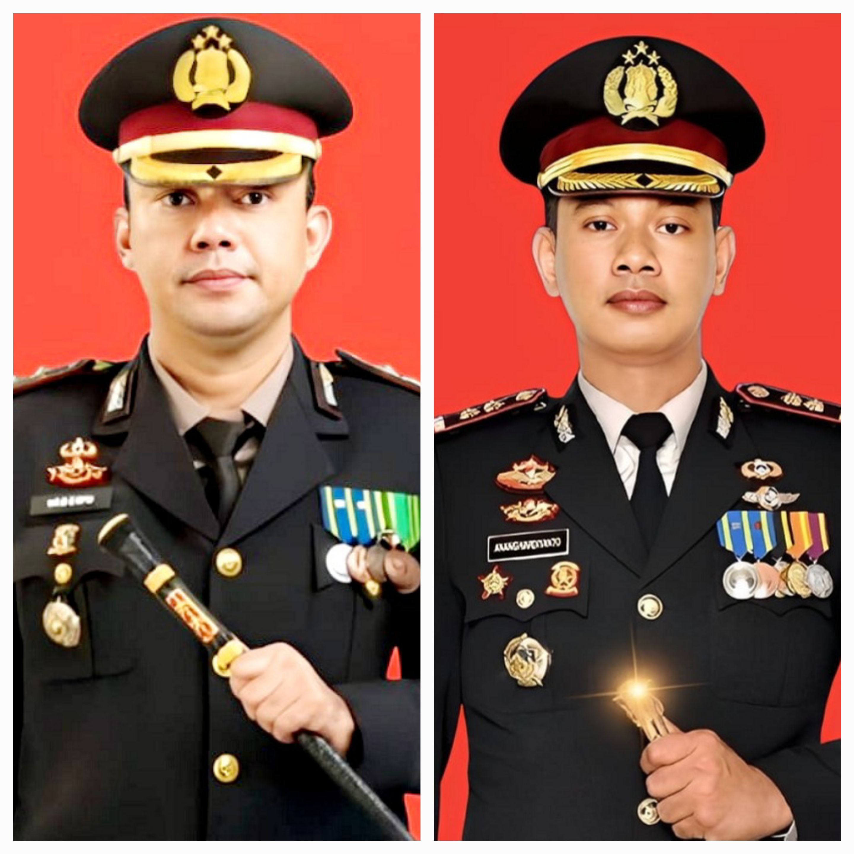 BERJEJER: Kapolres Sumenep AKBP Anang Hardiyanto (kanan) berfoto bersama Kapolres Blitar AKBP Rivanda usai dilantik di Gedung Mahameru Polda Jawa Timur, Jalan Ahmad Yani, Surabaya, Senin (12/1).