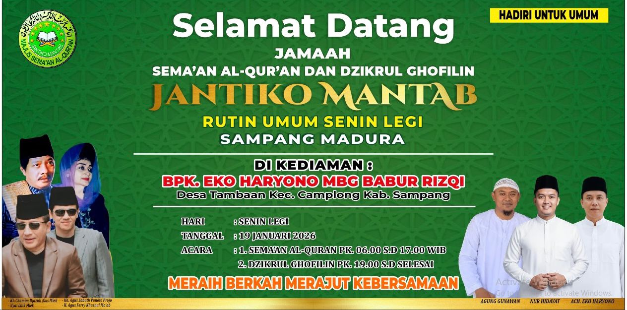 AYO RAMAIKAN: Jadwal pengajian umum yang akan digelar di kediaman Owner Yayasan Babur Rizki Desa Tambaan, Kecamatan Camplong, Sampang Ach Eko Haryono.