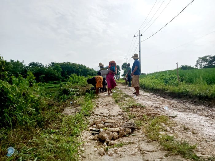 MANDIRI: Warga Desa Montorna, Kecamatan Pasongsongan, Sumenep, melakukan perbaikan jalan pada Minggu (18/1). (ATQURRAHMAN UNTUK JPRM)