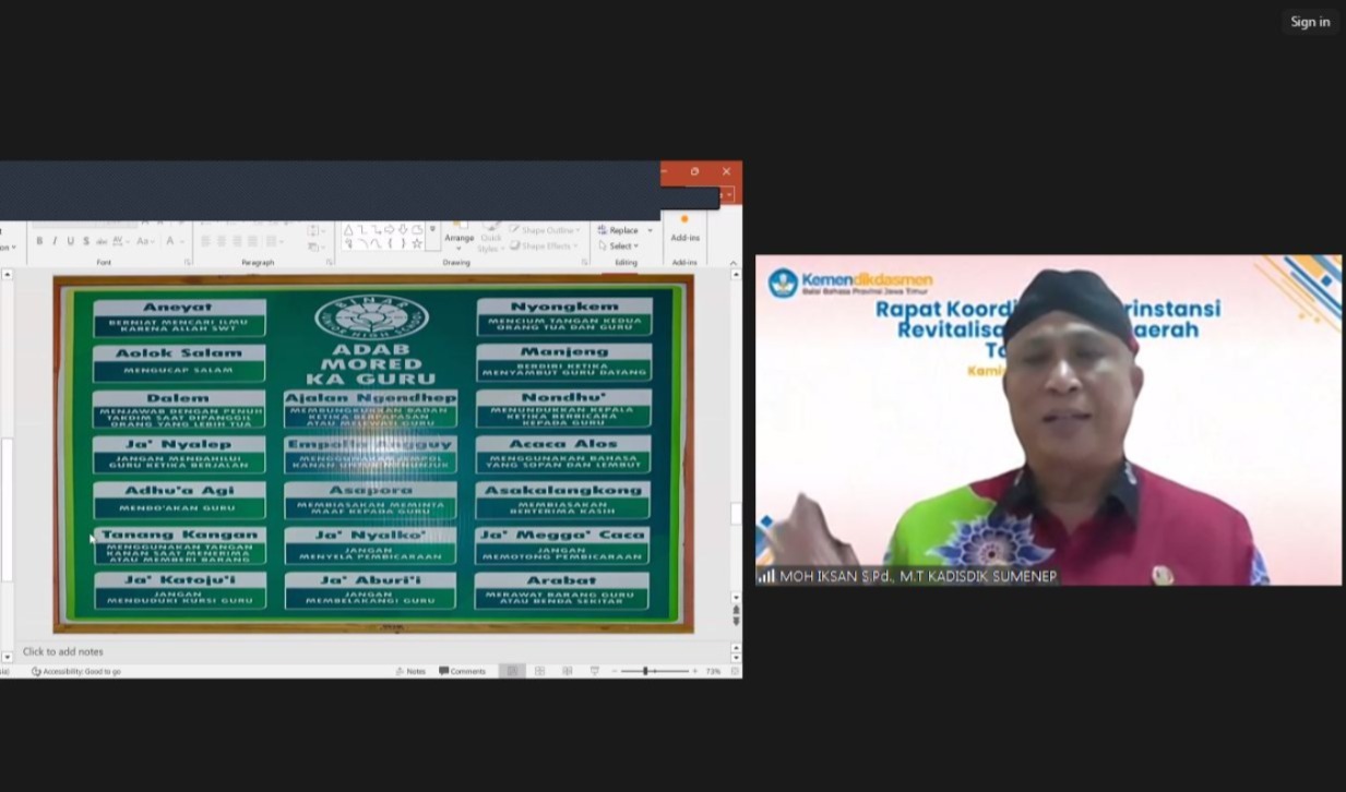JAGA BUDAYA: Kepala Dispendik Sumenep Moh.Iksan memaparkan materi dalam Rapat Koordinasi Antarinstansi Revitalisasi Bahasa Daerah 2026 secara daring Kamis (19/2).