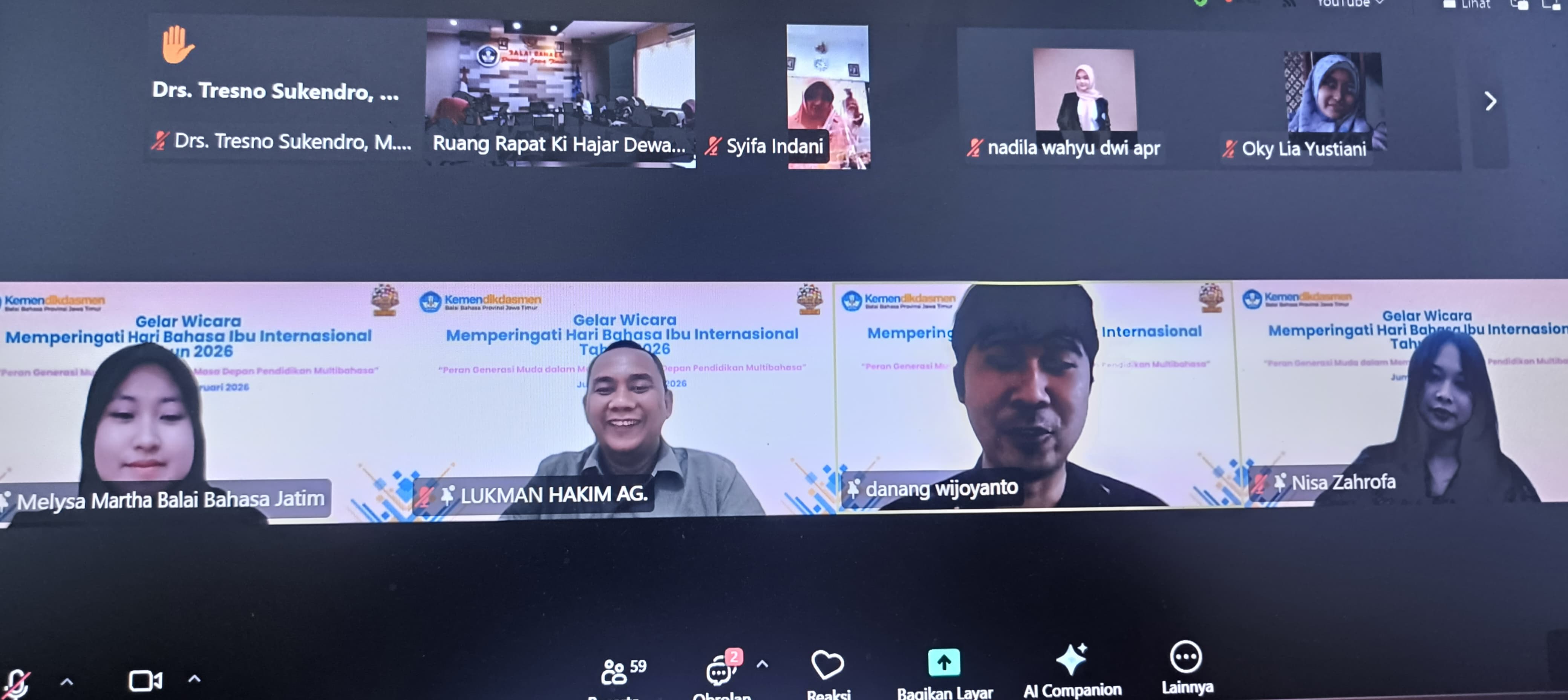 LESTARI BAHASA IBU: Dari kiri, Melysya Martha, Lukman Hakim AG., Danang Wijoyanto, dan Nisa Zahrofa dalam gelar wicara peringatan HBII 2026 secara daring Jumat (27/2).