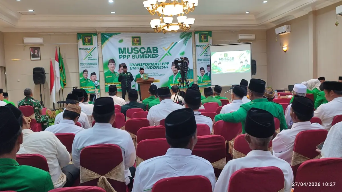 FOKUS: Plt Ketua DPC PPP Sumenep M. Syukri menyampaikan sambutan dalam acara Muscab X di Hotel C1 Sumenep, Senin (27/4).&nbsp;