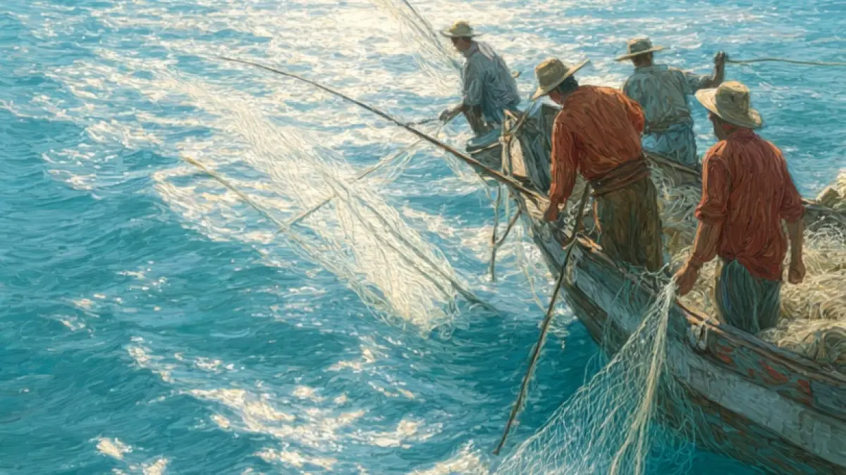 Sejumlah nelayan sedang menjaring ikan. (Ilustrasi Dibantu Meta AI)