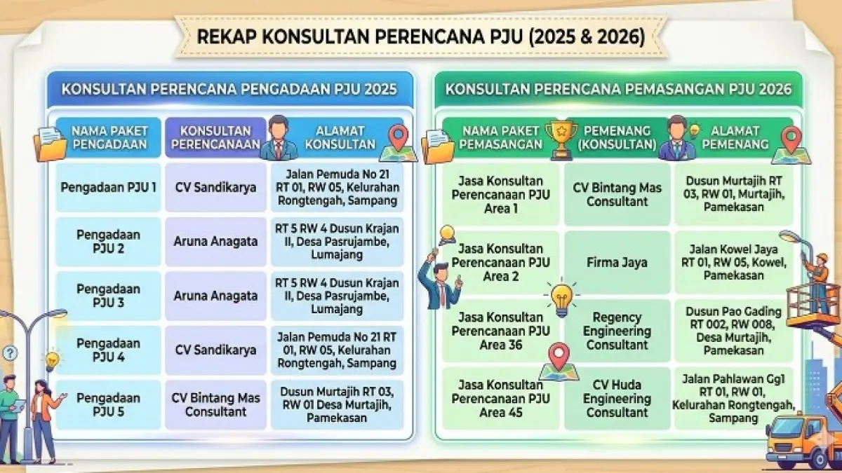 Rekap Konsultan Perencana Pengadaan PJU 2025 dan 2026. (Grafis Dibantu AI)