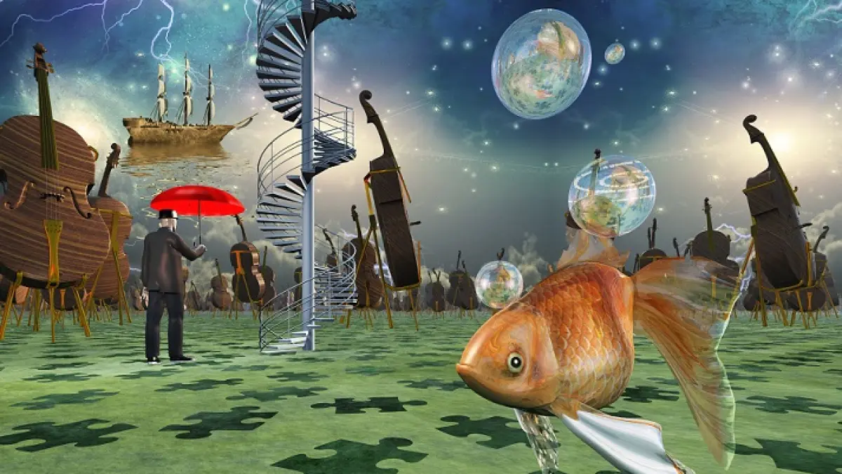 Surreal scene with various elements, gold fish, celo man with red umbrella