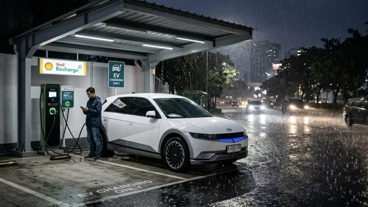 Ilustrasi Mobil Listrik yang Sedang Diisi Daya. 