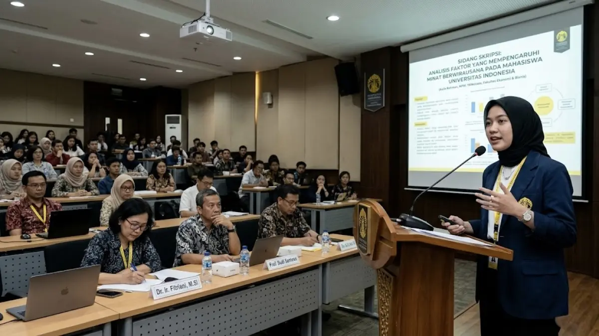 Ilustrasi Seorang Mahasiswi Sedang Presentasi Skripsi. 