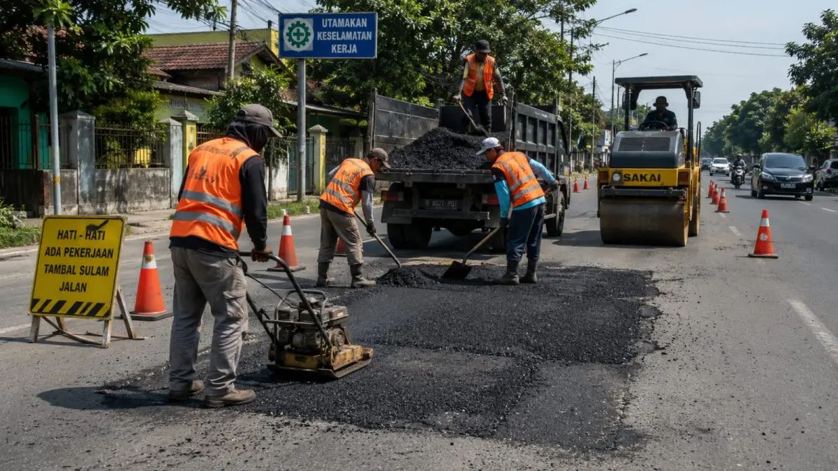 Ilustrasi pengerjaan tambal sulam jalan oleh AI