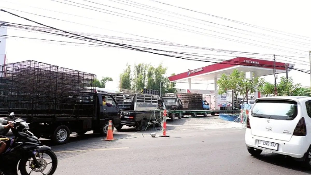 PADAT: Puluhan kendaraan antre di SPBU Junok, Bangkalan, Kamis (2/7). (VIVIN AGUSTIN HARTONO/JPRM)