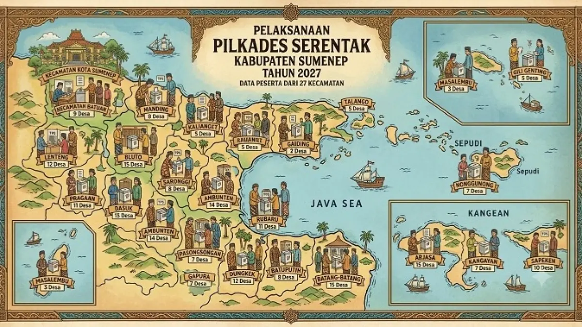 27 kecamatan se-Kabupaten Sumenep yang dijadwalkan akan menggelar pilkades serentak. (Grafis Dibantu AI)