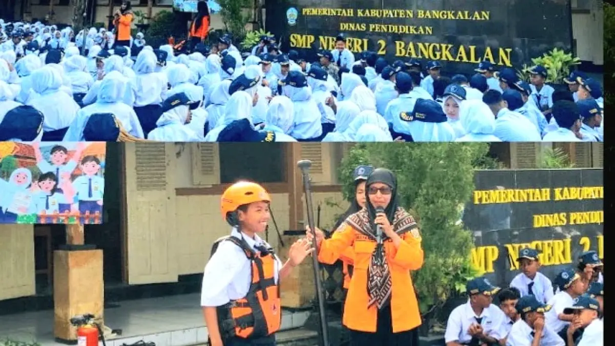 EDUKATIF: Siswa baru UPTD SMPN 2 Bangkalan mendapat pelatihan dari BPBD Bangkalan. (UPTD SMPN 2 BANGKALAN UNTUK JPRM)