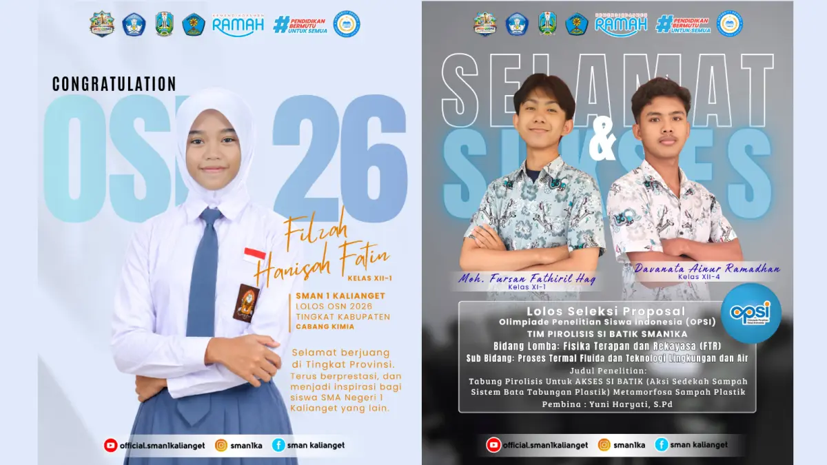 Poster tiga siswa SMAN 1 Kalianget yang lolos OSN dsn  OPSI 2026