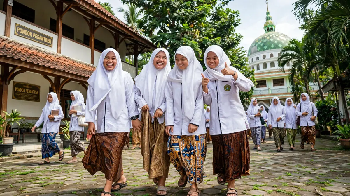 Ilustrasi gambar santri yang berjalan di halaman pesantren