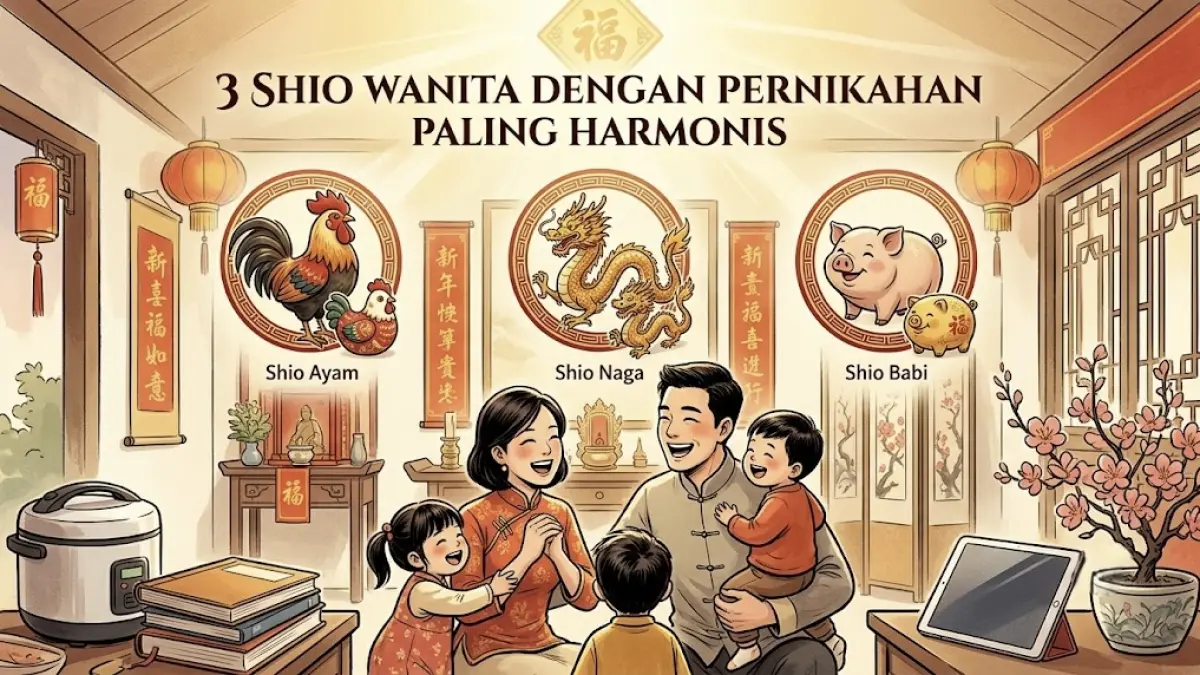 Keluarga harmonis yang bahagia dalam suasana hangat rumah dengan dekorasi Tionghoa, menampilkan simbol-simbol tiga shio wanita yang dipercaya membawa kebahagiaan dalam pernikahan: Shio Ayam, Shio Naga, dan Shio Babi.
Sumber:RadarMadura.id