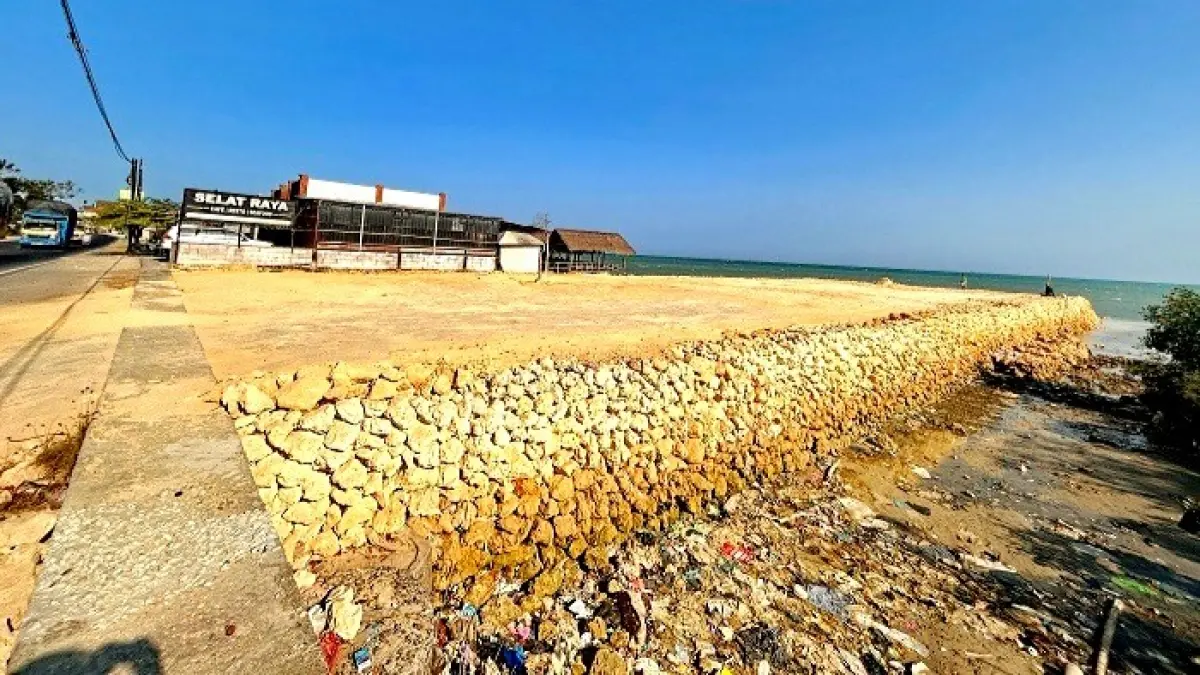 DIDUGA MELANGGAR: Pekerja sedang berada di area penimbunan sempadan pantai yang diduga merusak mangrove di Desa Banjar Talela, Kecamatan Camplong, Sampang, Selasa (1/9). (UBAIDILLAHIR RA’IE/JPRM)