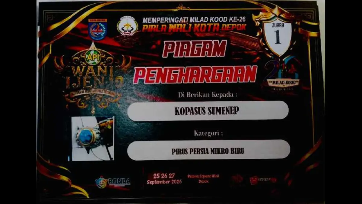 JUARA: Piagam penghargaan juara 1 diraih Pirus Persia Mikro Biru milik Staf Ahli Bupati Bupati Sumenep Bidang Hukum dan Pemerintahan Hizbul Wathan dalam Milad Ke-26 KOOD Piala Wali Kota Depok.
