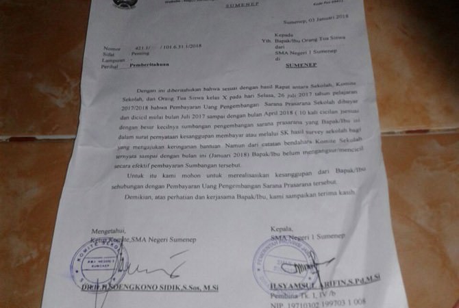 SMAN 1 Sumenep Tagih Sumbangan Wali Murid