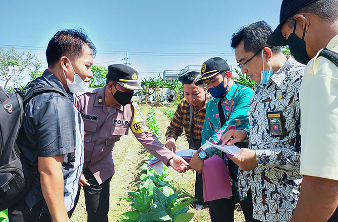 DIUKUR: Agung (pihak tergugat pegang map) menyesuaikan pengukuran lahan dengan peta bidang yang dipegangnya kemarin. (ANIS BILLAH/RadarMadura.id)