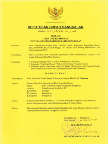 Dokumen Surat Keputusan Bupati Bangkalan Tentang Izin Operasional
