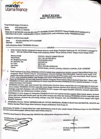 DIPERSOALKAN: Surat kuasa penyitaan jaminan yang diterima Reza Oktora Murdani. (REZA UNTUK JPRM)