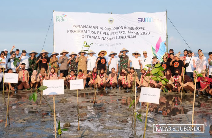 JAGA LINGKUNGAN: Managemen PLN UIP JBTB, Karyawan TN Baluran, Forkopimda, Forkompimca Banyuputih, Komunitas Randu Agung Lestari serta siswa SD melakukan penanaman 16  ribu pohon mangrove. (Iwan/JPRS)