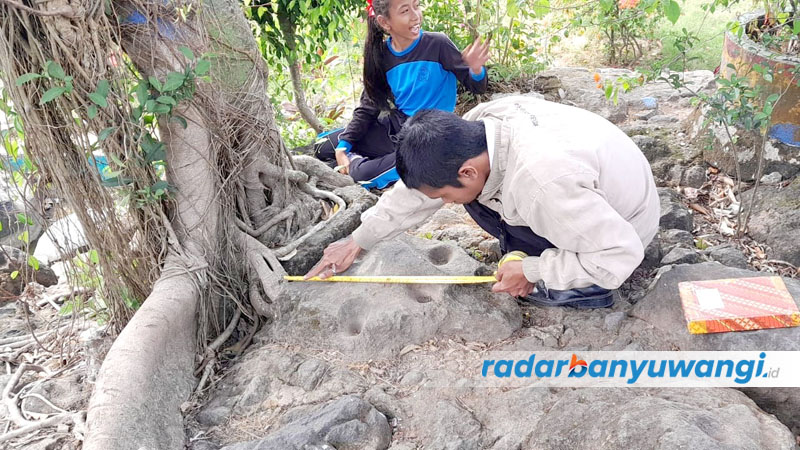 UKUR: Kurator Museum Blambangan meneliti temuan batu berbentuk dakon di Kecamatan Muncar, Selasa lalu (25/7).