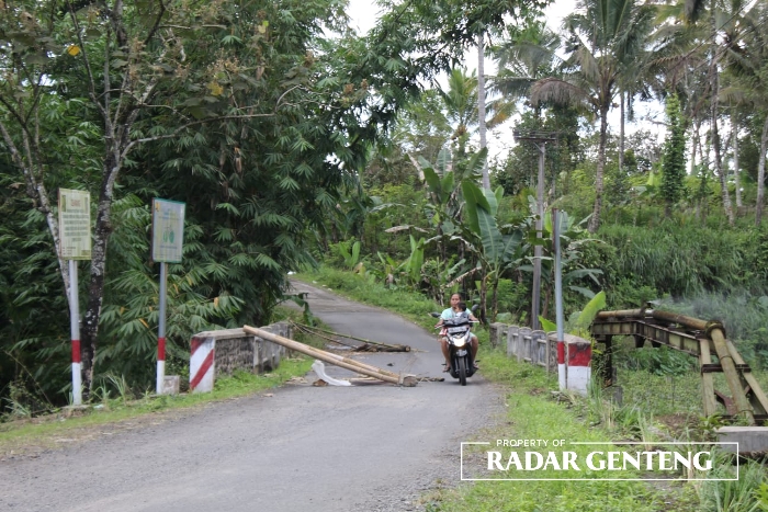 MELINTAS: Jembatan yang tiangnya ambrol, oleh warga ditutup dengam diberi palang bambu agar tidak dilewati kendaraan roda empat, Kamis (27/7).