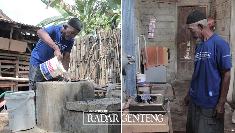 TERBARUKAN: Mastur mencampur kotoran kambing miliknya dengan air untuk menghasilkan biogas yang akan digunakan untuk memasak (foto kiri). Mastur menunjukkan nyala api dari energy biogas.