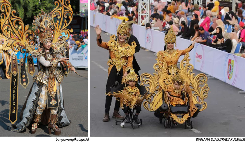 MIRIP: Kostum Banyuwangi Ethno Carnival (kiri) dan Jember Fashion Carnival (kanan). Pada awal BEC, Presiden JFC Dinan Fariz-lah yang membuat konsep BEC.