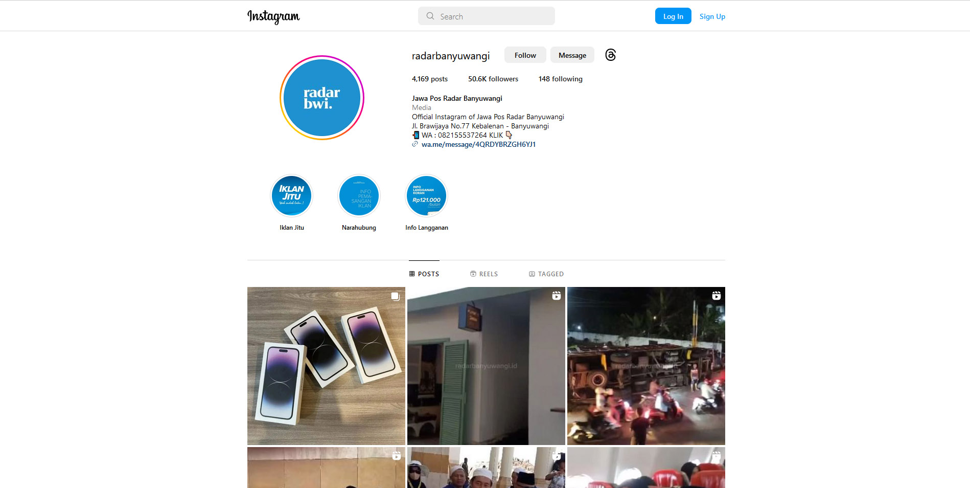 JANGAN TERTIPU: Inilah tampilan akun IG @radarbanyuwangi setelah &ldquo;dikuasai&rdquo; hakcer. Postingan penipu yang menawarkan Give Away iPhone Murah.