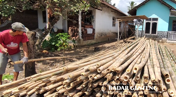 SEPI: Salah satu pedagang bambu asal Dusun Tugung, Desa/Kecamatan Sempu, Nur Kholim menata bambu jualannya di pinggir jalan, Selasa (15/8).