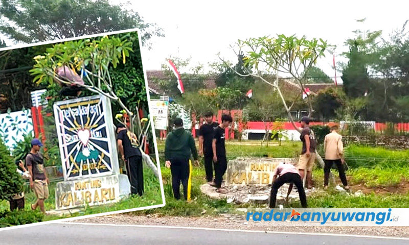 TAATI INSTRUKSI PEMPROV:  Tugu PSHT di Kecamatan Kalibaru dibongkar secara mandiri, Selasa (22/8).