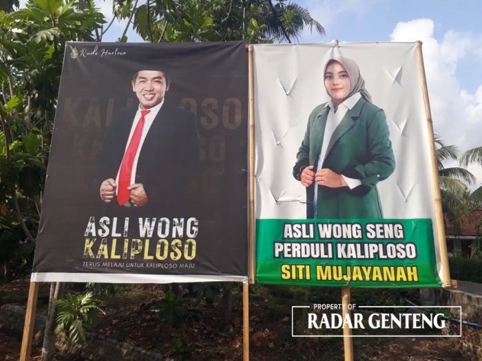 BERSAING: Dua Cakades Kaliploso, Rudi Hartono dan Siti Mujayanah mengusung slogan Asli Wong untuk meraih suara dari masyarakat, Senin (16/10).