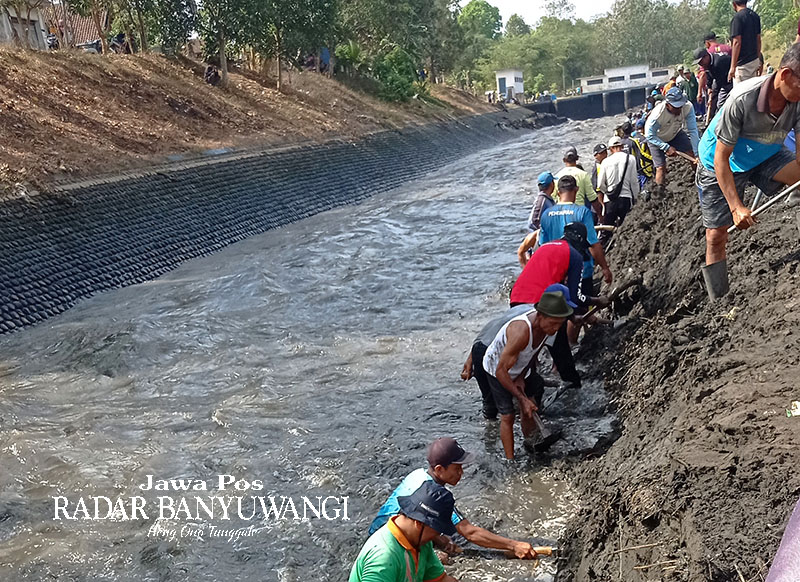 KERUK LUMPUR: Petugas pengairan, petani, dan berbagai elemen masyarakat kerja bakti membersihkan lumpur di sepanjang sungai dekat Dam Karangdoro, Banyuwangi, belum lama ini.