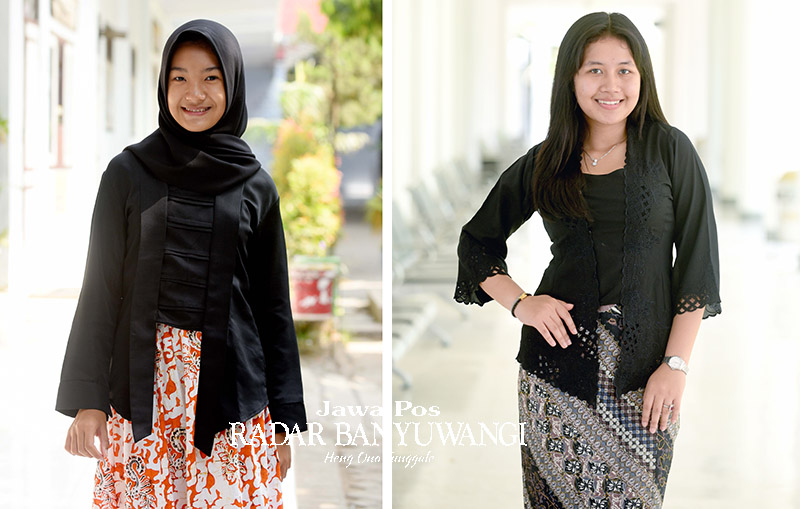Baju adat Banyuwangi yang biasa dikenakan kaum muslimah (kiri). Baju adat Banyuwangi untuk perempuan tanpa penutup kepala (kanan).