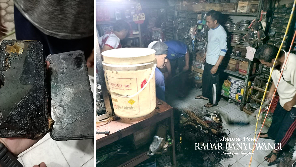 HANGUS: Dua Unit HP yang meledak diamankan petugas Polsek Wongsorejo (kiri). Warga gotong royong memadamkan api yang membakar toko Hariyanto di Bajulmati, Wongsorejo, Banyuwangi.