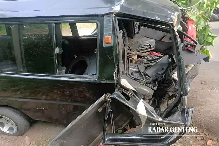 RINGSEK: Mobil Suzuki Carry rusak berat di bagian depan setelah menabrak pohon jati di pinggir hutan Dusun Sidodadi, Desa Karetan, Kecamatan Purwoharjo Kamis (4/1).