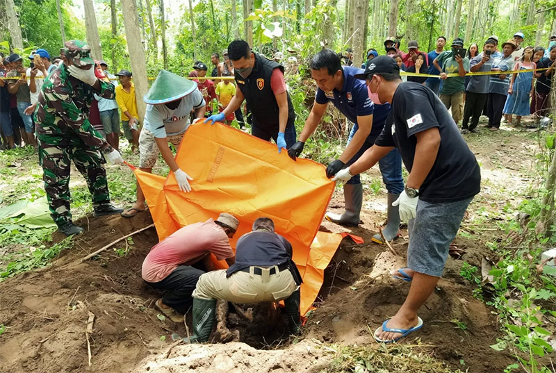 DIBONGKAR: Tim Inafis Polsek Jember bersama anggota Polsek Ambulu melakukan pembongkaran jasad Abdul Jalal yang ditemukan dikubur di tengah kebun jati, Minggu (14/1/2024).